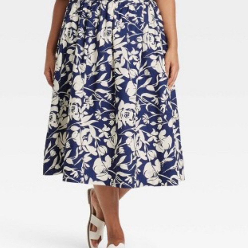 A New Day Navy and Cream Floral A-Line Skirt